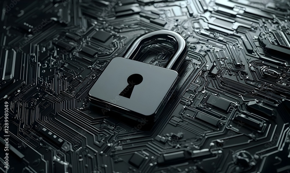 Poster secure access, an unlocked padlock symbolizes freedom, while password asterisks represent confidenti