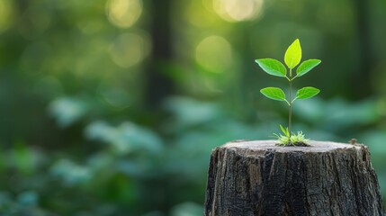 Resilient sapling emerging from a tree stump in a lush forest
