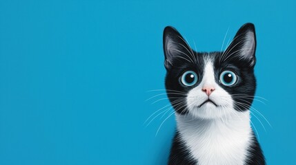 Obraz premium Cute black and white cat with striking blue eyes on blue background