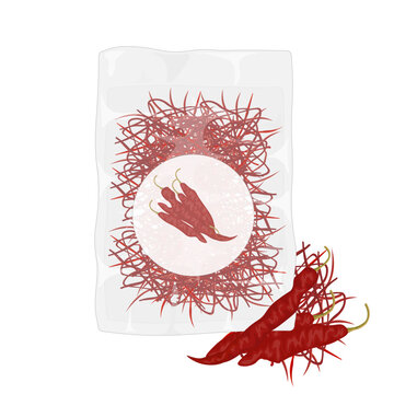 Vector Illustration Logo Clipart Dried Silgochu or Chili Threads or Chili Pepper Threads on a Plastic Packaging