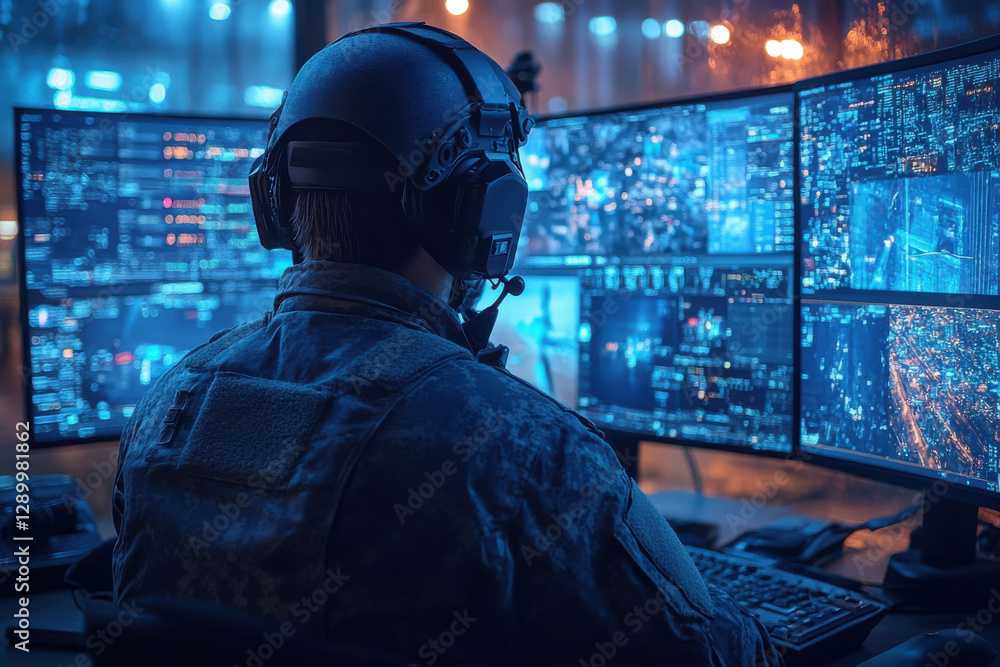 Aufkleber a man in a military uniform is sitting in front of three computer monitors