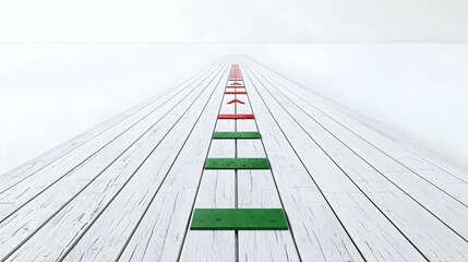 Wooden Pathway with Directional Arrows, Lush Green Surroundings, Inviting Journey Ahead, Nature's Tranquil Guide