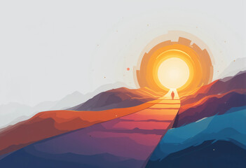 Fototapeta premium Stylized pathway leading to a glowing light, gradient trail in warm tones, teamwork success journey concept