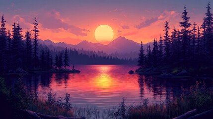 Serene Sunset Lake Peaceful mountain landscape glows warm orange light reflecting still water. AI Generated