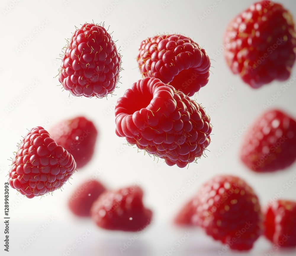 Poster fresh and juicy raspberries in mid-air capture with soft light highlighting texture and color for cu