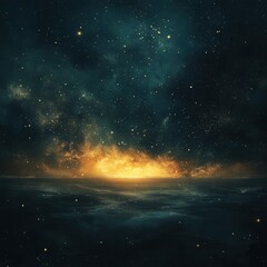 Dramatic Night Sky with Stars and Golden Nebula Over Dark Water, Abstract Cosmic Landscape