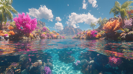 Tropical island paradise vibrant coral reef, clear water, mountain backdrop, idyllic vacation scene
