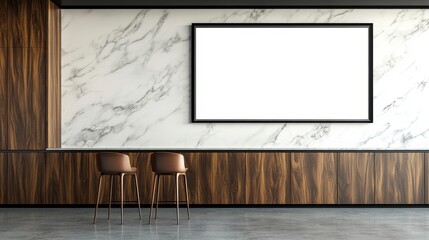 Elegant Interior Design Showcase a Modern Office Space with Marble Accents and a Blank Canvas Frame for Art or Advertising Imagine the possibilities of your vision, a contemporary style room Stylish
