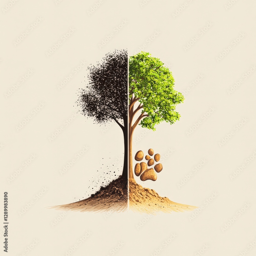 Poster a tree with a paw print on it is shown on the left side of the image