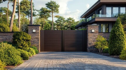 Fototapeta premium Modern brown gate, stone pillars, luxury home driveway, green landscaping.