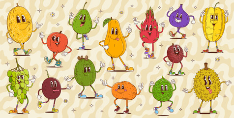 Cartoon retro groovy fruit characters with funny faces, vector comic emoji. Groovy melon with cute smile and funky papaya with tongue out silly emotion, durian and psychedelic lychee fruit character
