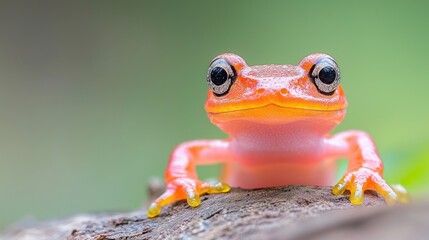 Naklejka premium Orange frog on log, rainforest background, nature wildlife