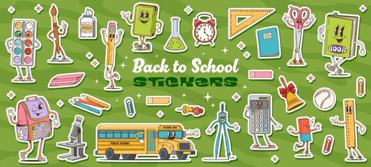 Groovy school education characters stickers pack. Retro hippie back to school stationery and supplies vector personages. Cartoon groovy book, pencils, ruler and scissors, paint, student bag and bus © Vector Tradition