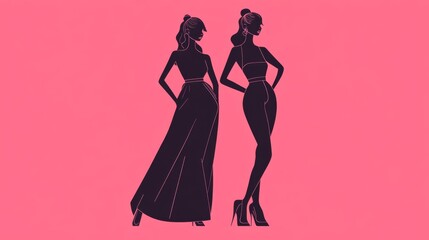 Fototapeta premium Two girls in goth-inspired outfits with pink hair, wearing knee-high boots, full-body