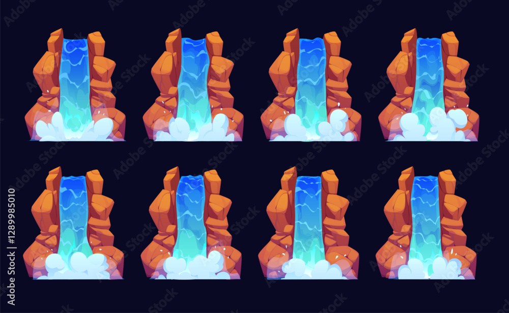 Poster waterfall cascade sprite sheet animation of water flow from mountain rock, vector game ui. cartoon w