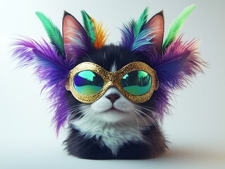 Fototapeta premium Playful cat in colorful feather goggles indoor photo fun close-up