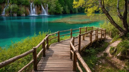 Wooden Trail Leads Through Turquoise Waters and Greenery in Plitvice Lakes National Park Under Sunny Sky