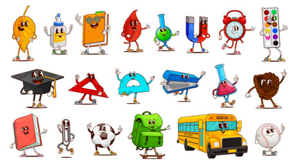 Fototapeta premium School and education groovy characters of cartoon funny school supplies and stationery. Retro hippie student book, bag, rulers and paint vector personages. Happy groovy graduation hat, ball, tube, bus