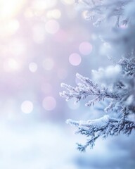 Frosty Pine Branch with Bokeh Lights Winter Wonderland Background.