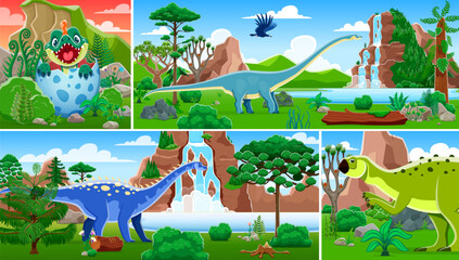 Dinosaurs collage of cartoon prehistoric lizards and funny dino characters, vector background. Jurassic era or kids paleontology park collage with prehistoric giant lizards, birds and baby dino in egg