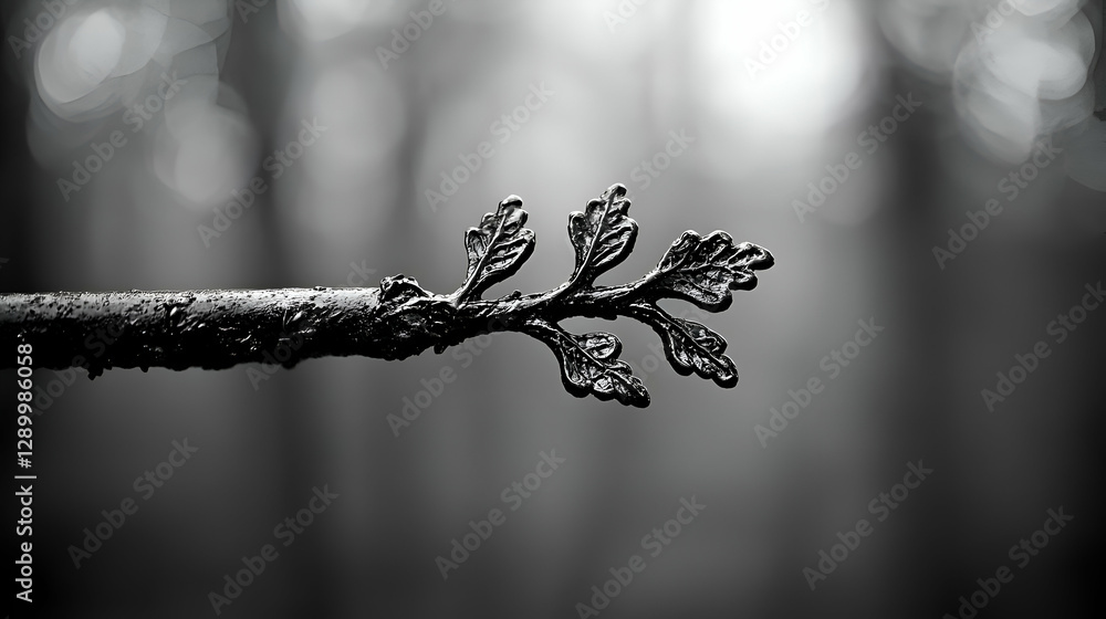 Poster close-up of a delicate branch with small leaves in a monochrome forest setting