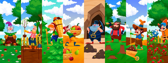 Fototapeta premium Cartoon dwarf, elf and gnome characters collage of funny miner, farmer, gardener and lumberjack vector personages. Funny fairytale gnomes characters with axe, wheelbarrow, pickaxe and watering pin