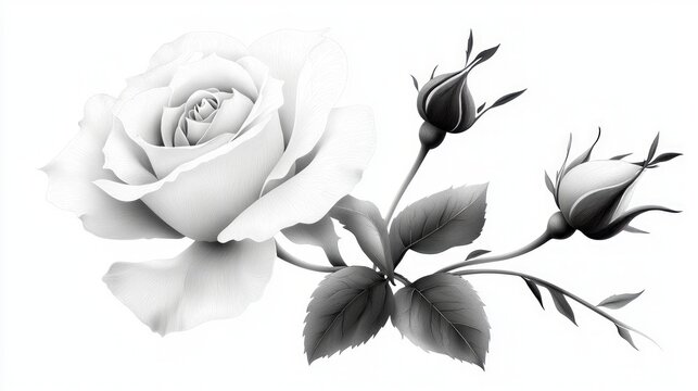 Monochrome Rose Illustration  Elegant Botanical Art Print  Floral Design  Grey Scale Roseb