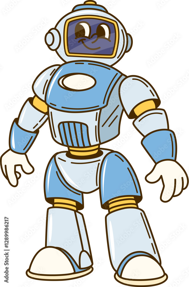 Poster groovy robot character or retro cartoon transformer droid with funny face, vector comic. groovy retr