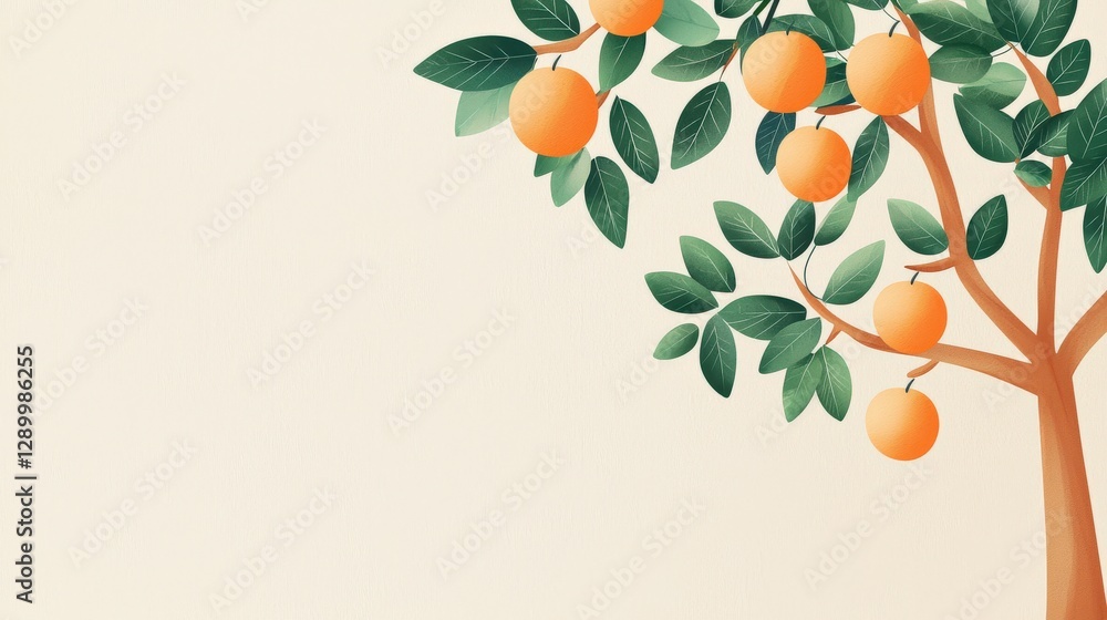 Poster a tree with oranges on it is the main focus of the image