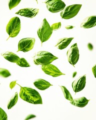 Fresh and Vibrant Green Basil Leaves Falling Against a Light Background, Perfect for Culinary and Natural Themes in Food Photography