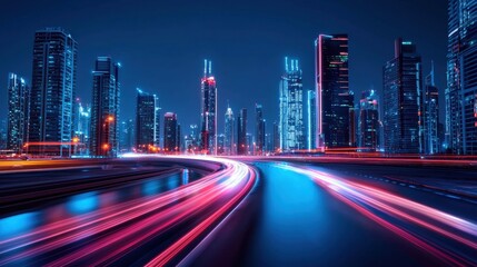 Futuristic city skyline illuminated at night