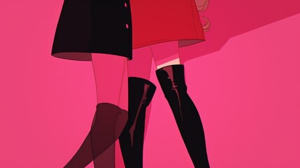 two young women in black and pink outfits