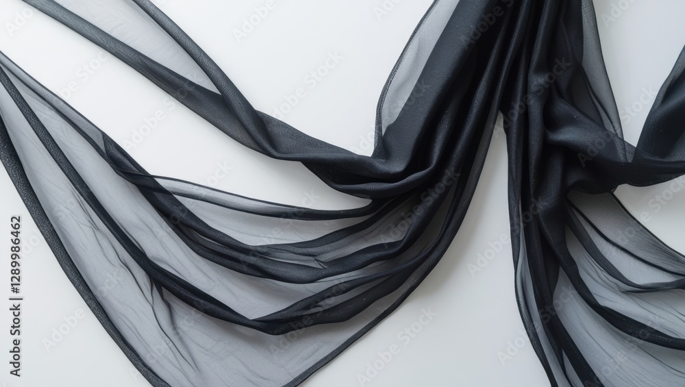 Aufkleber delicate flowing black sheer fabric draped on a white background with soft lighting and visible text