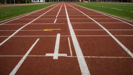 Empty Red Athletics Track with White Lanes in Broad Daylight with Green Grass