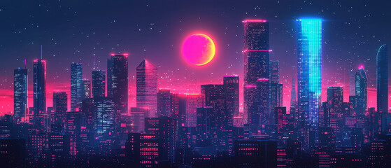 Obraz premium vibrant futuristic cityscape at night with neon lights and glowing moon