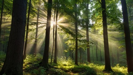 Fototapeta premium Illuminating Sunlight Through Green Forest Trees Creating Ethereal Rays in a Lush Woodland Scene