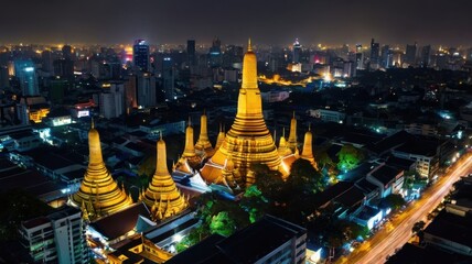 Fototapeta premium Illuminated Wat Arun Temple at Night with Bangkok Cityscape with Golden Light and Urban Landscape in Thailand Southeast Asia