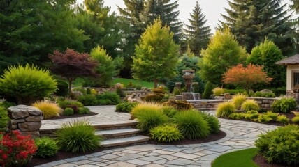Obraz premium Lush Green Garden with Stone Pathway and Vibrant Plants Featuring Decorative Bushes and Trees Under Bright Sky