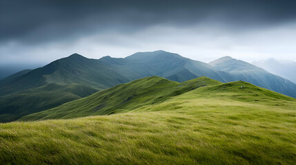 Fototapeta premium Green Hills and Overcast Sky Mountain Landscape