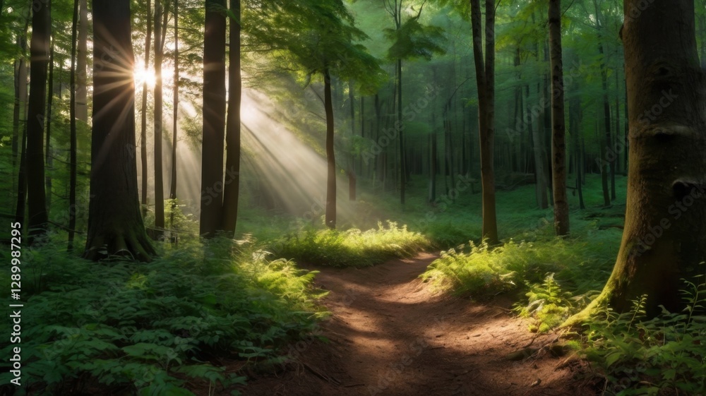 Aufkleber Sunlight Streams Through Green Forest Canopy Creating a Serene Woodland Scene with a Winding Path on a Bright Sunny Day