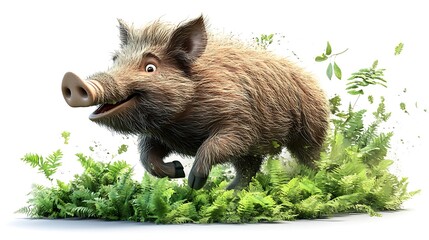 Running wild boar in lush green forest animal illustration nature