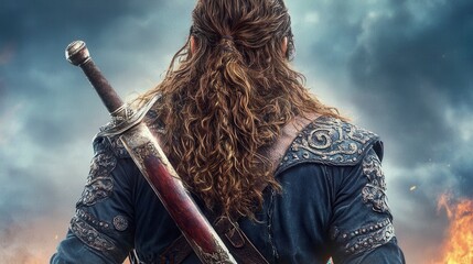 Epic Warrior Woman A Stunning Image of Strength and Determination Witness the fierce gaze of a female warrior, her long hair flowing as she stands ready for battle, with her sword gleaming in the