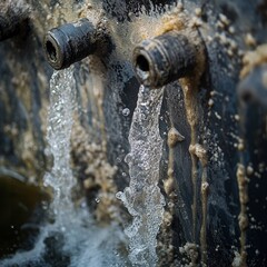 Water Treatment Plant Close-Up of Pipes, Flowing Water, and Industrial Processes for Water Purification.