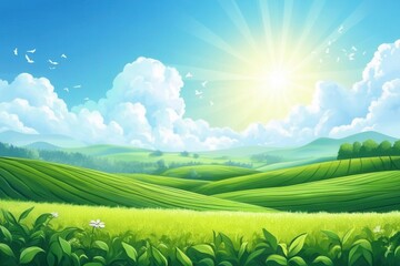 Serene Green Fields Landscape with Bright Sunlight and Birds in Flight, Cartoon Style.
