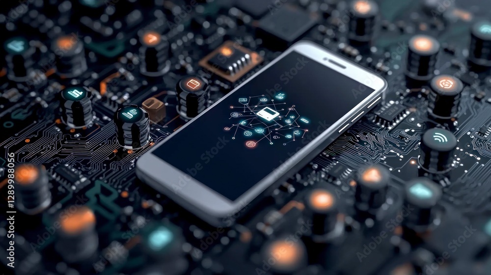 Poster smartphone on circuit board digital network data flow technology concept