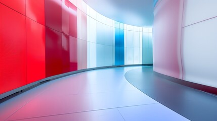 A bright television studio with a red, blue  and white color palette, curved design, and low-angle shot. Perfect for modern, vibrant, and creative projects