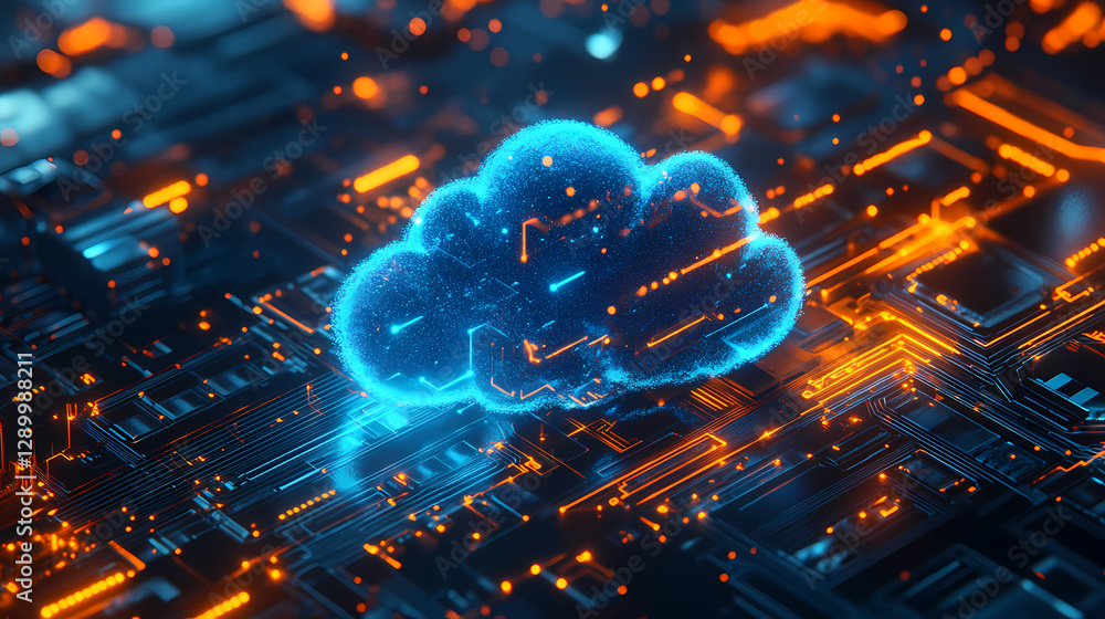 Poster cloud shape with glowing particles above circuit board