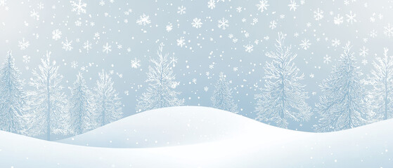serene winter landscape featuring soft gradient blues, snow covered hills, and delicate snowflakes falling gently among