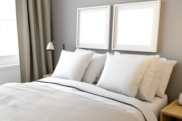 Explore a serene bedroom featuring soft, white bedding that promises a restful night's sleep, complemented by minimalist framed art adding a touch of modern elegance, against a backdrop of soothing