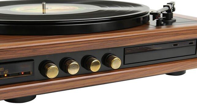 Wooden turntable, controls, close-up, retro audio equipment